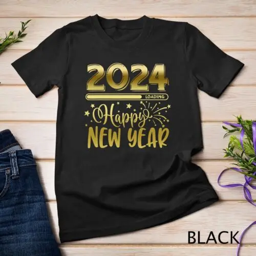 Gold New Years Eve Party Supplies 2024 Happy New Year Fireworks Unisex T-shirt