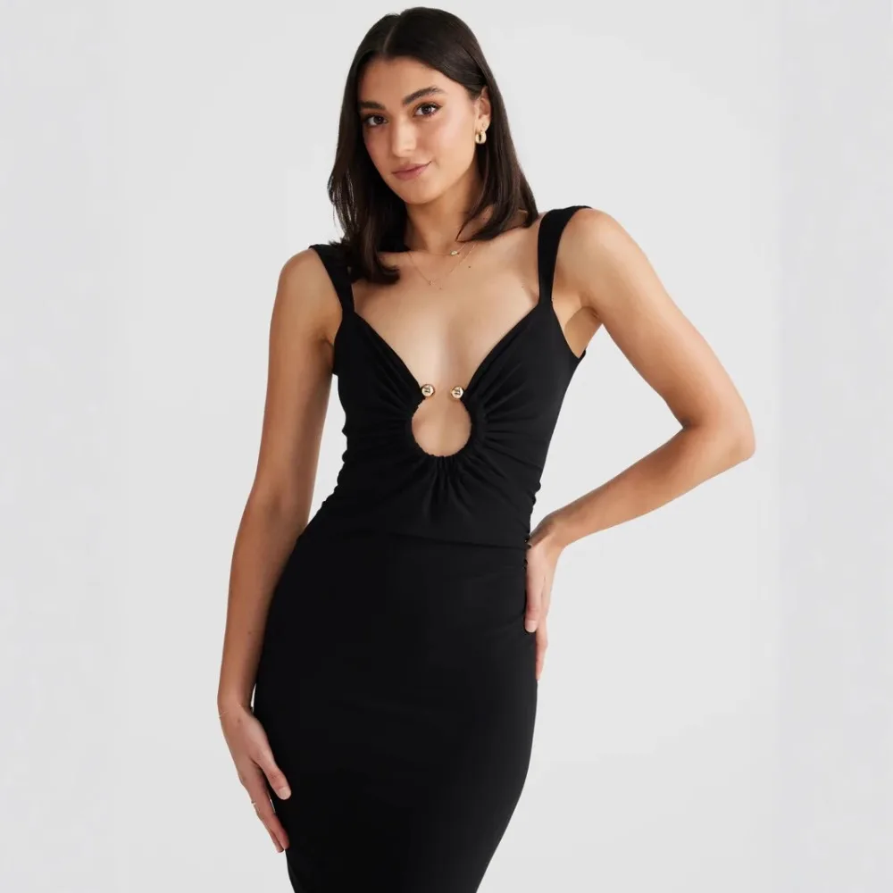 Dresses 2026 Woman  Elegant Sleeveless Bodycon Skirts Gold Button Chest Cutout Detail Backless Evening Cocktail Party Dress Y2K