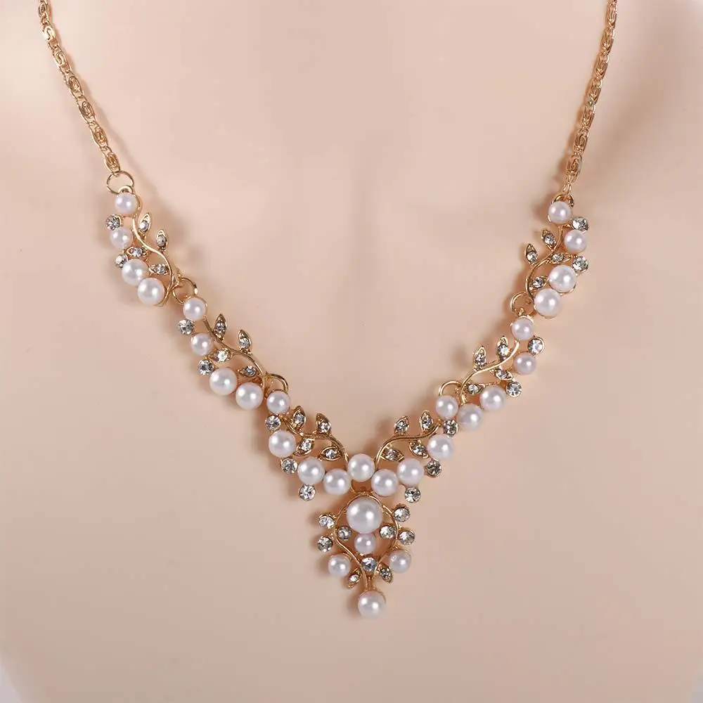 African Gifts Fashion Engagement Crystal Women Necklace Simulated Imitation Pearl Silver Plated Jewelry Sets Bridal Wedding