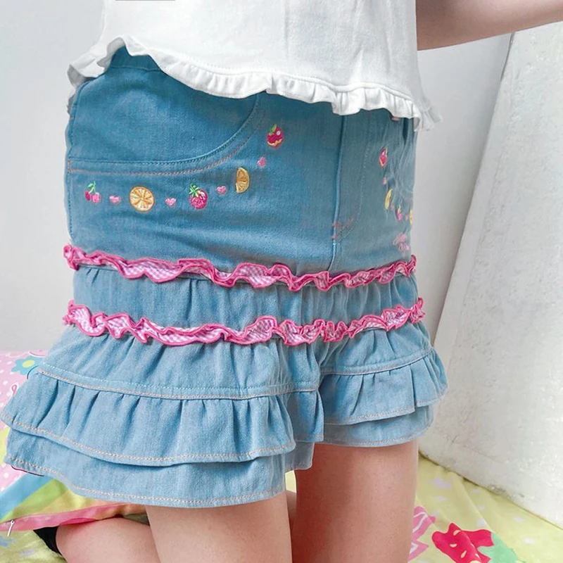Japońska Słodka Lolita Mini Spódniczka Jeansowa Damska Kawaii Haft Falbanki Tort Spódniczki Letnia Moda Damska Y2K Spódniczki na Imprezę