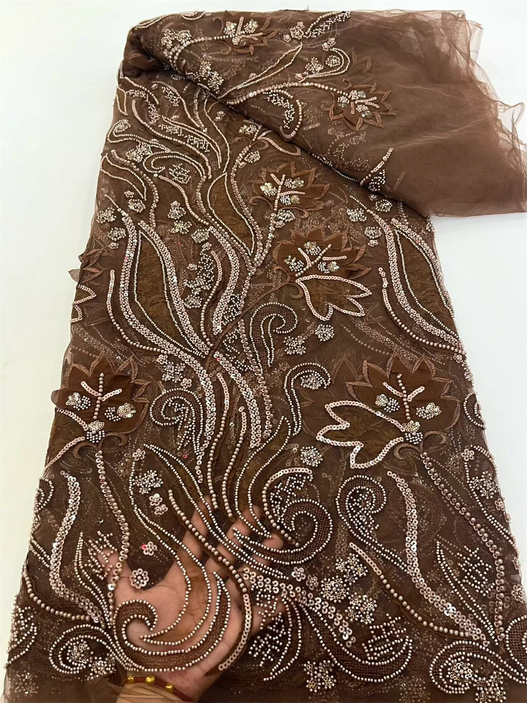 

French Mesh Beaded Lace Fabric High Quality African Nigerian Heavy Net Groom Lace Fabric Sequins For Wedding Dress