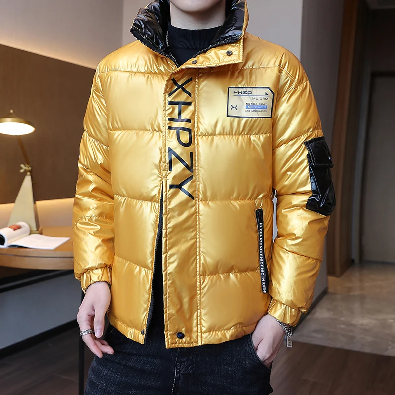 Fashion 2024 Autumn Winter Men\'s Casual Bright Cotton-Padded Jackets Streetwear Waterproof Thicken Parkas Youth Slim Warm Coats