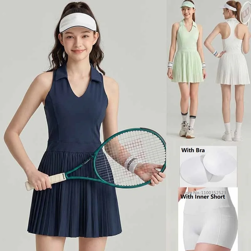 2026 New Women Polo Yoga Tennis Dress Ladies Sleeveless V-Neck Lapel Workout Golf Dress with Short and Bra Pleated A-lined Skirt
