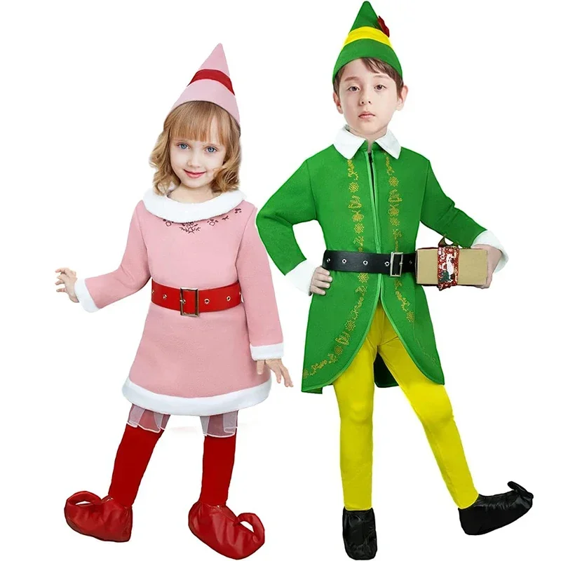 2024 عطلة الطفل السنة الجديدة تأثيري الوردي عيد الميلاد قزم فستان بتصميم حالم لفتاة الأخضر سانتا مساعد الصبي قزم زي