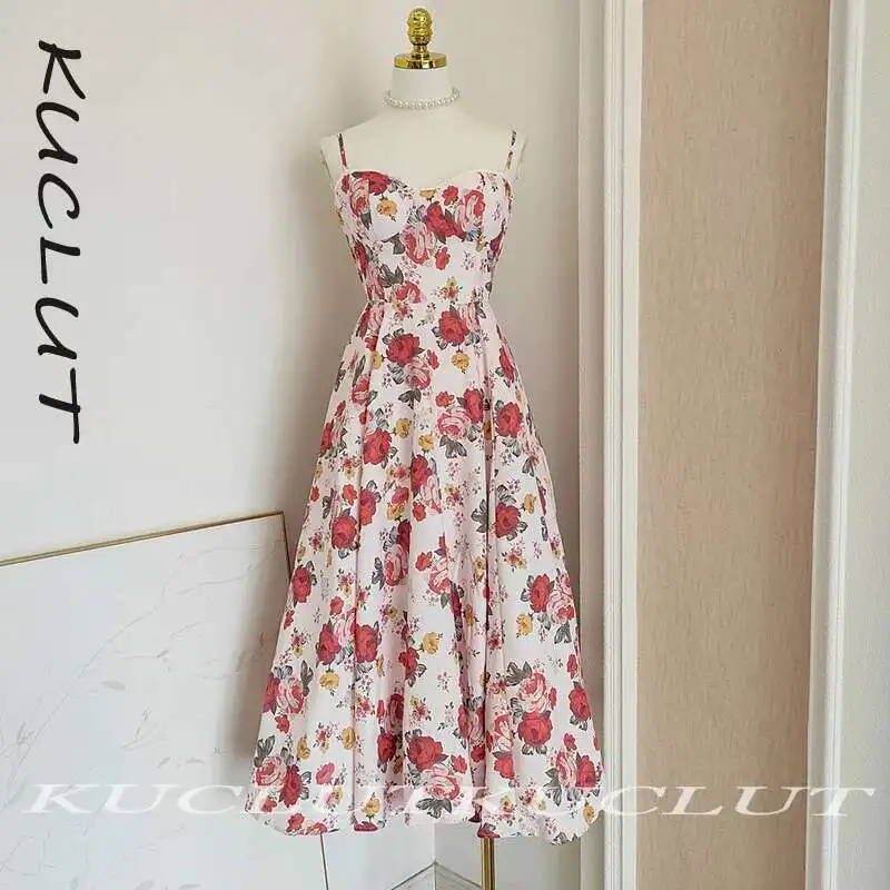 

KUCLUT 2025 Fashion New Items Embroidered Women's Dress Elegant Printing Suspender Backless Slim Sleeveless Dresses Female K530