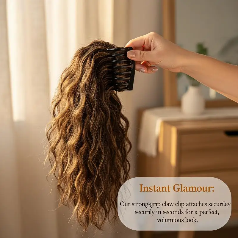 Synthetic Water Wave Long Curly Hair Claw Clip Ponytail, Heat Resistant Fiber Fluffy Messy Ponytail Hair Extensions for Women