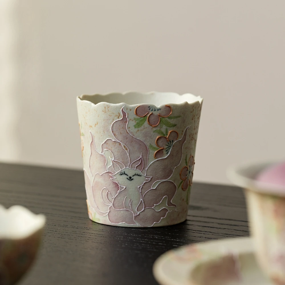 Creative Hand-drawn Nine-tailed Fox Ceramic Tea Cup, High-end and Exquisite Office Water Retro Afternoon Tea Coffee Cup,gift