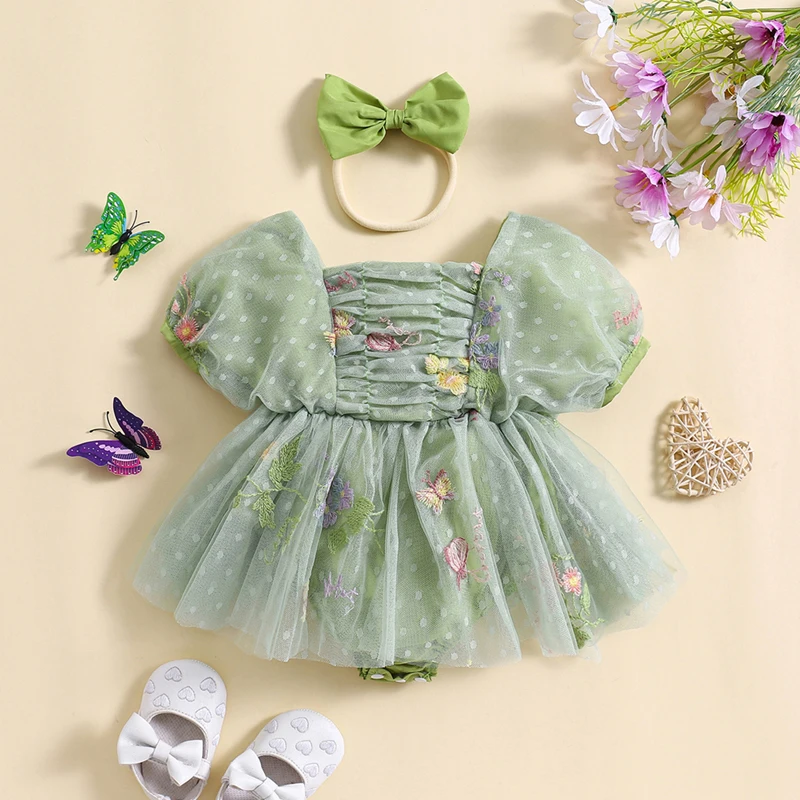 

Suefunskry Baby Girl 2Pcs Summer Outfits Short Puff Sleeve Embroidered Romper Tulle Dress with Headband Set