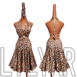 The new Latin Dance Competition Performance Adult Leopard Print Europe And The United States Flash Diamond Waist Skirt Skirt