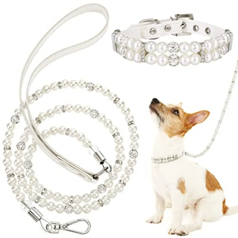 

2 Pcs Dog Wedding Collar with Leash Pearl Necklace Collar and Beaded Leash with Lockable Hooks and 2 Rows of Pearls Adjustable