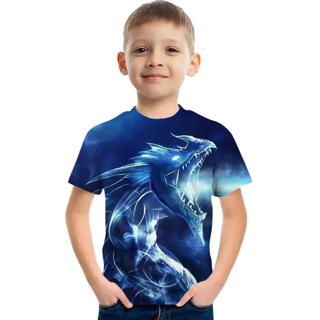 Children Cartoon T-shirt Cartoon Colorful Flame Dragon Boy Short sleeved Summer Kid Soft Clothing T shirts Sports Shirt Top