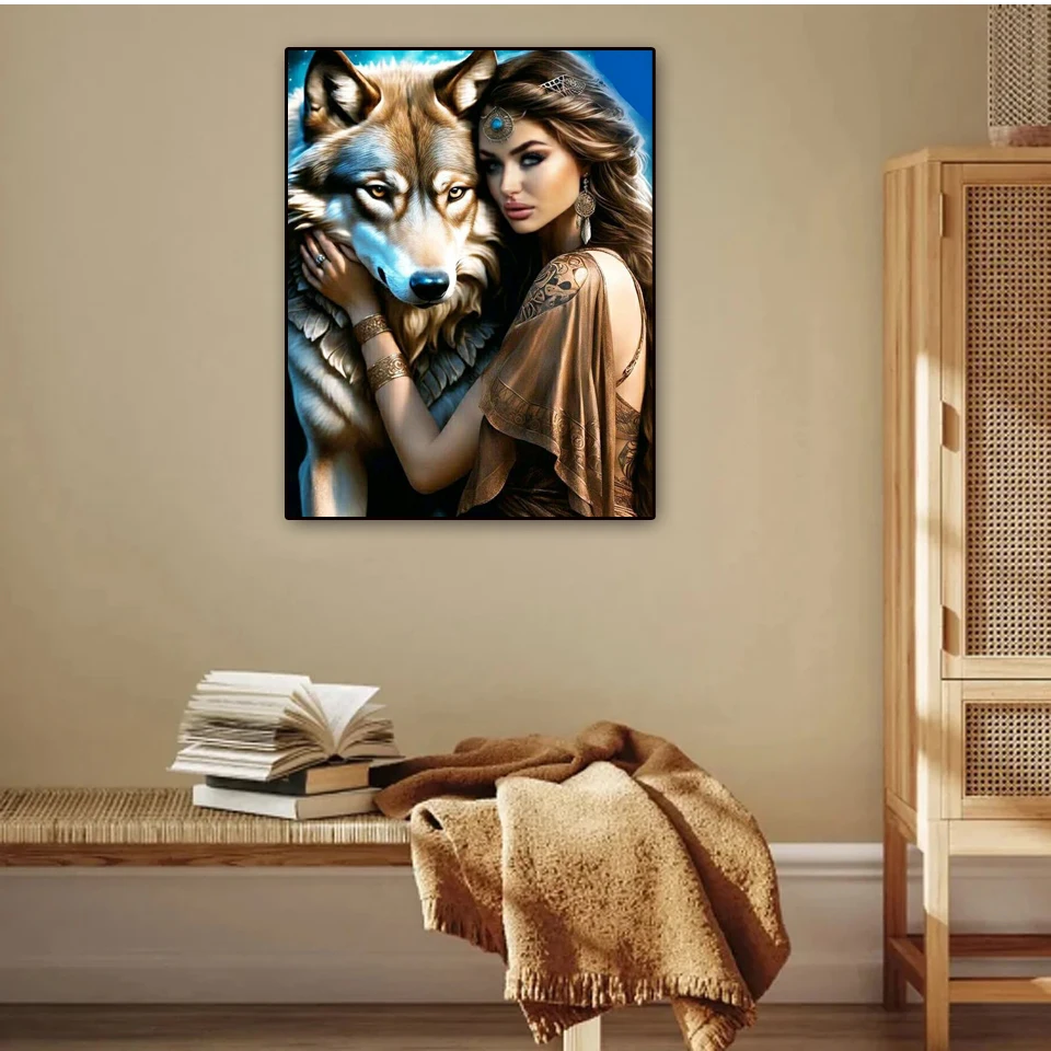 FD الراتنج DIY الماس اللوحة الجديدة 2024 امرأة وولف كامل الماس الفسيفساء طقم تطريز الكرتون الحيوانات ديكور المنزل #3