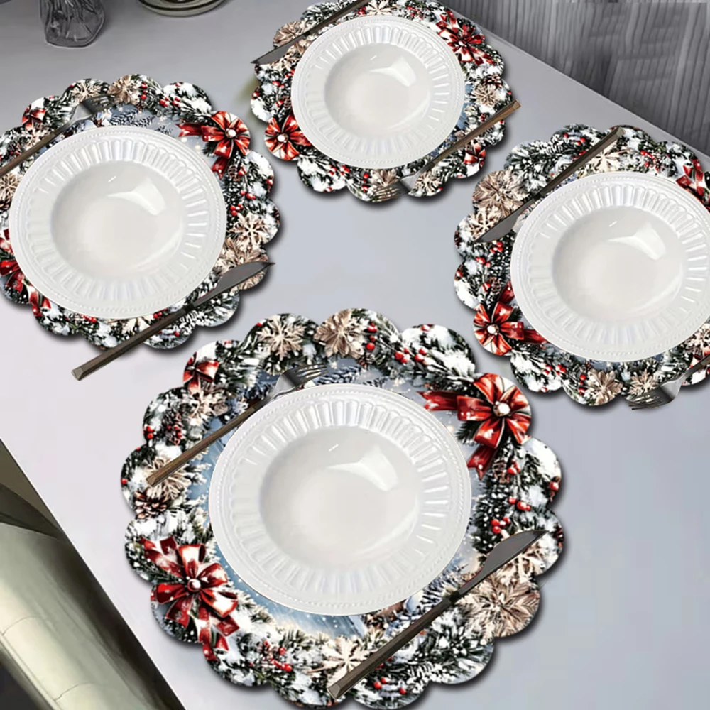 Christmas Table Mats Winter Snowy Christmas Village Placemat With Wreath Red Bow Snowflake Table Mat Christmas Decoration
