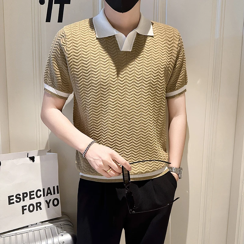 

Корейские летние трикотажные футболки с цветными блоками и лацканами, мужские тонкие повседневные рубашки-поло с короткими рукавами, деловые футболки-поло, уличная одежда