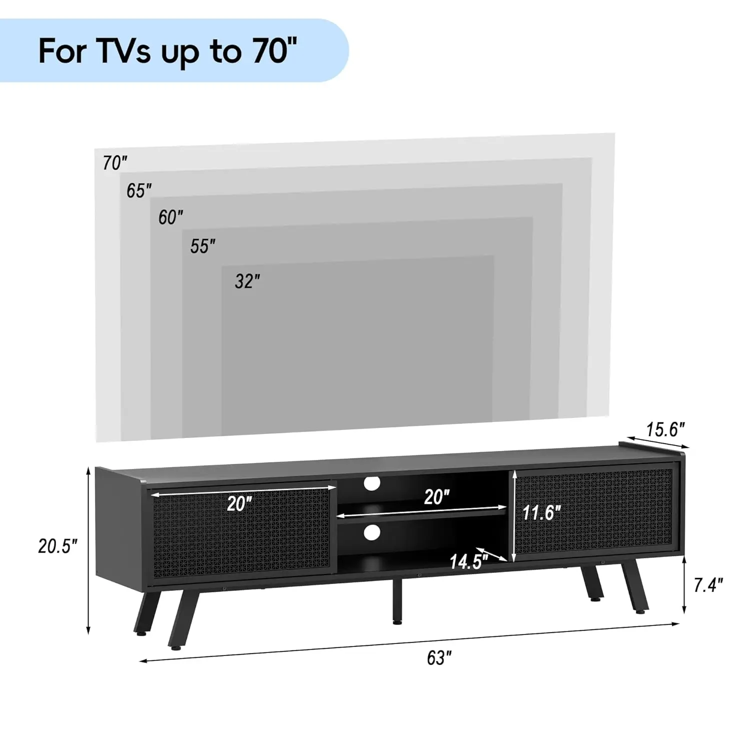 Black Mid Century TV Stand Iron Rattan Entertainment Center Sliding Door Adjustable Shelves 2 Storage Cabinets, Customized