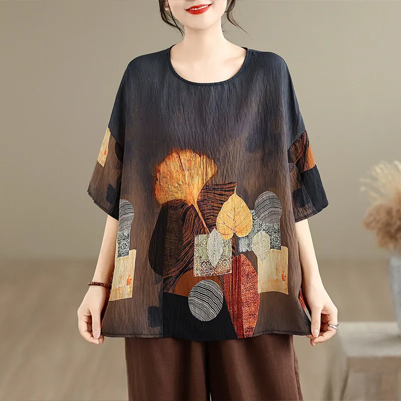 2026 Frühling Sommer Mode Kurzarm Damen T-Shirt Vintage Cartoon-Print Lässiger Lockerer Stil Fledermausärmel Lockerer O-Ausschnitt Tee
