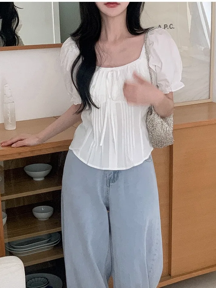 痩身効果バブルスリーブシャツレディースファッションスクエアカラーホワイトシャツウエストシェイプ夏の新スタイル甘いスタイル