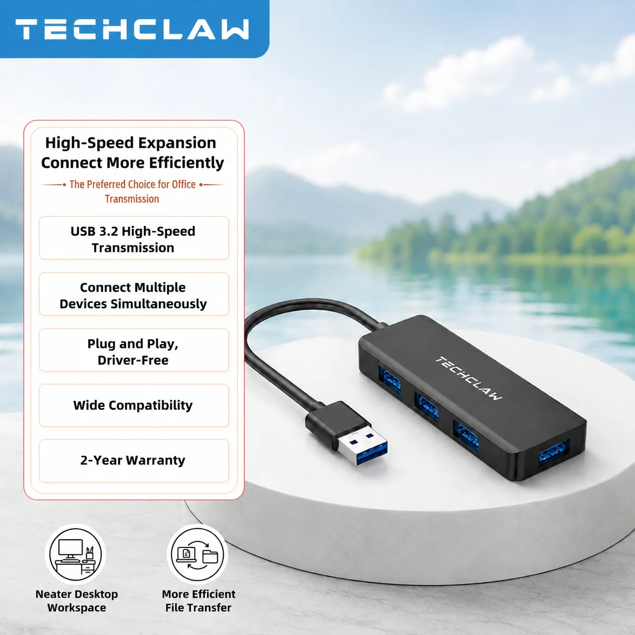 TECHCLAW USB 3.2 Hub 4 Ports USB-A Splitter 5Gbps High Speed USB Hub Adapter Portable Multi USB Expander for Laptop PC Computer