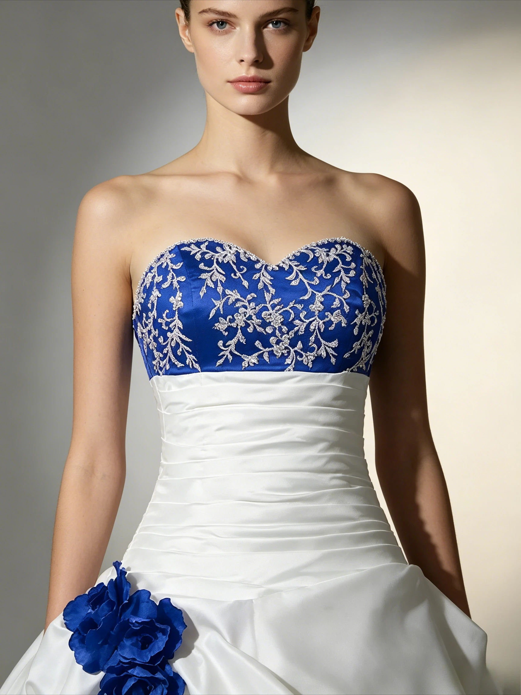Customized White and Bule Satin Wedding Gown Sweetheart Neck Sleeveless Ruched Embroidery Bridal Dress Vestido De Novia