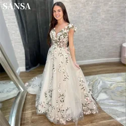 Sansa-Sweet A-Line Flower Lace Bordado Prom Dresses, Costas Abertas, Luz Champanhe