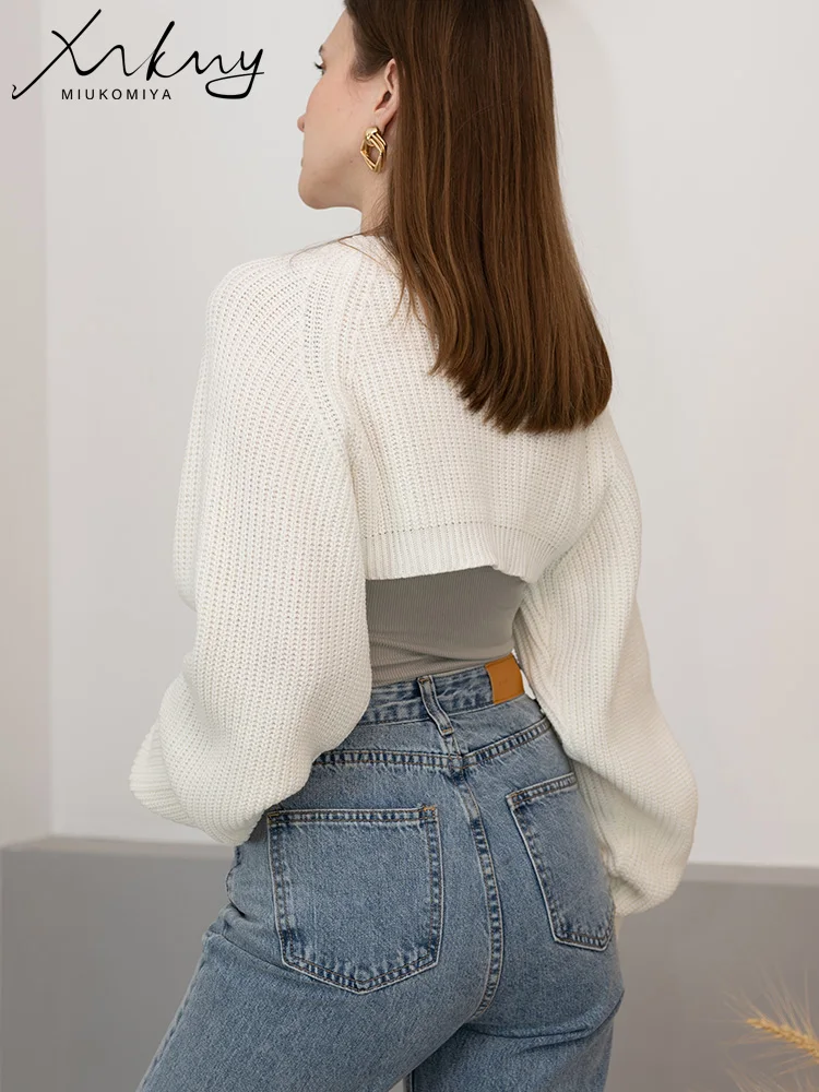 MiuKoMiYa Ultra-Short White Knitwears Cardigan For Women Short Knitted Jackets Loose Sweaters Crop Tops Solid Sexy Cardigans