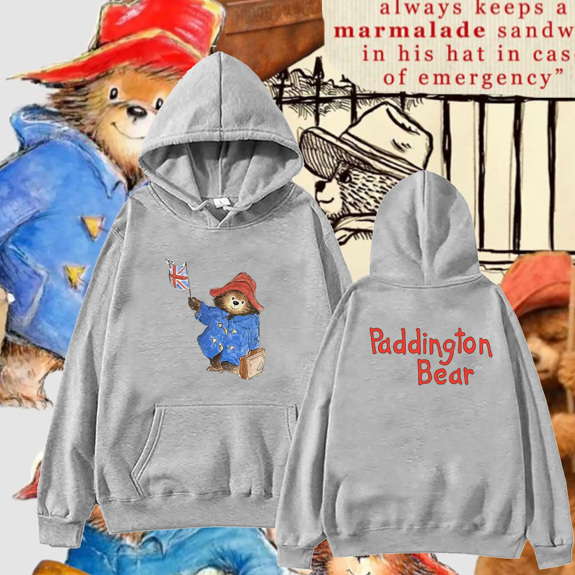 New Men Women  Hoodies Paddington Bear in London Double-sided Print Cartoon Pattern Hoodie Graphic Loose Pullover Sweatshirt