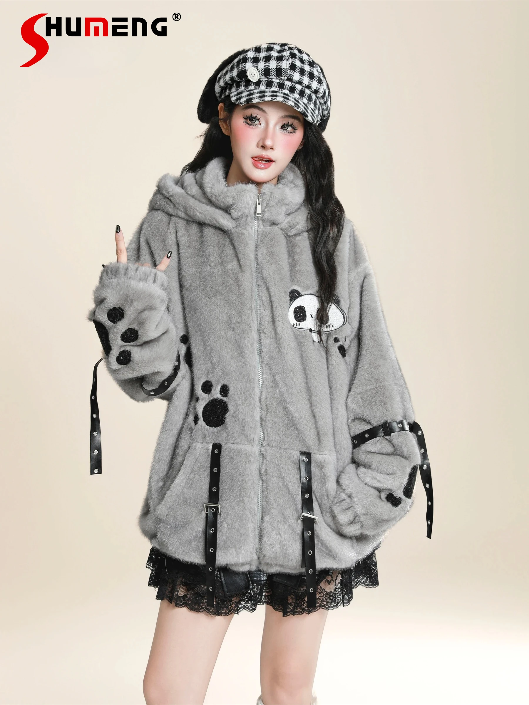 

Japanese Sweet Cool Cute Girl Bear Ear Embroidery Kawaii Fluffy Hooded Jacket Winter Thickened Warm Short Parkas Coats for Women