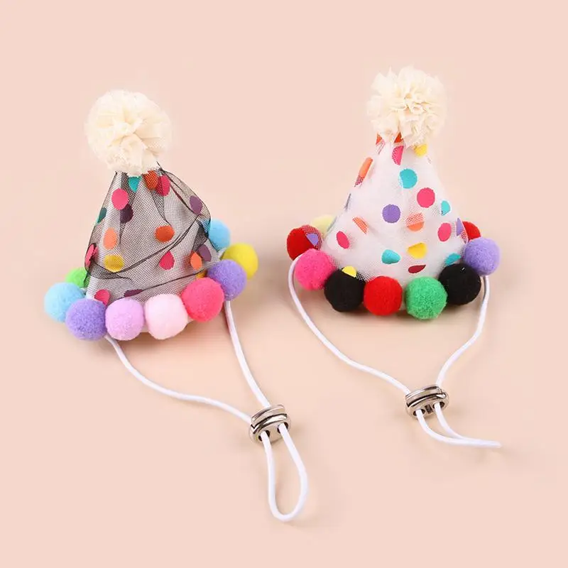 Cute Pet Dog Cat Headgear Birthday Hats Lace Dot With Hairball Cap Party Cone Hat For Pet Celebration Decorations Accessories