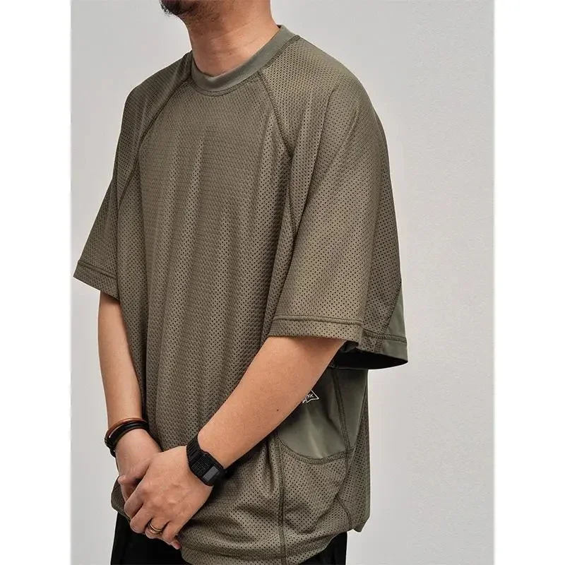 Japanese Outdoor Patchwork Pullover T-shirt Functional Short Sleeve Tops Cityboy Men\'s Loose Mesh Breathable Embroidery T-shirt