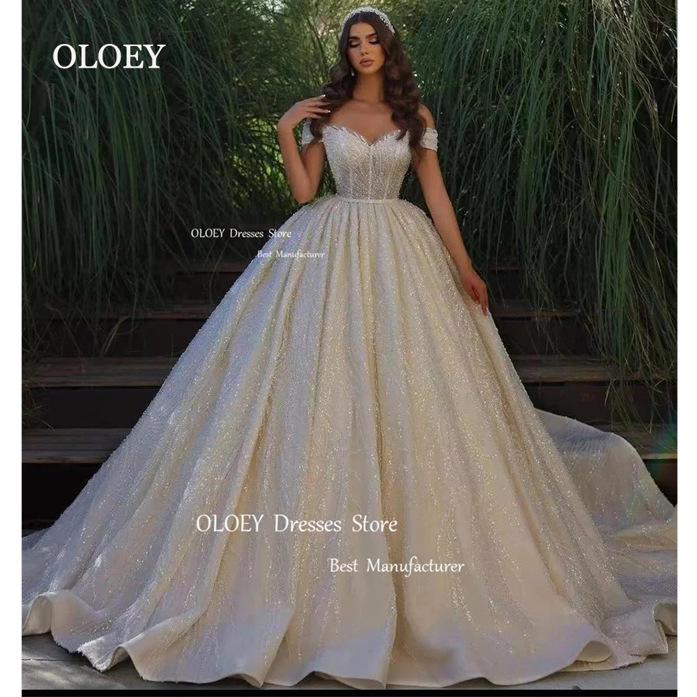 OLOEY Exquisite Ivory Glitter Lace Wedding Dresses Vintage Off Shoulder Bridal Gowns Vestido De Noiva Zipper Back Ball Gowns