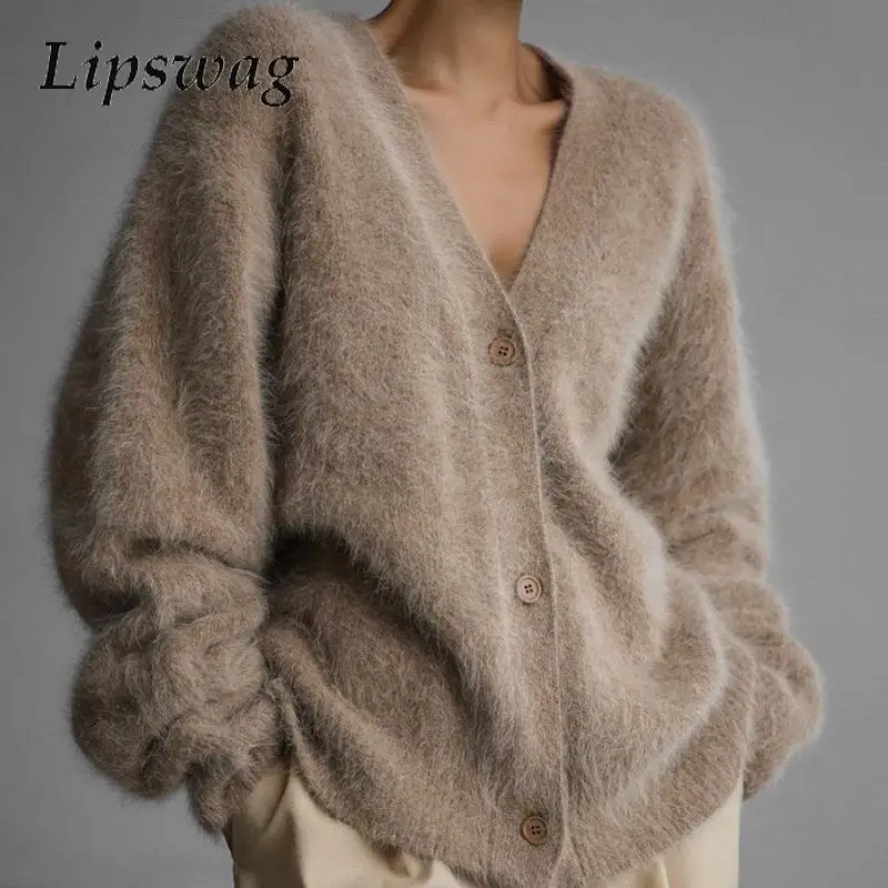 

Winter Solid Button Loose Knitted Cardigan Elegant Lady Warm Furry Sweater Coats Fashion Women Long Sleeve Office V-neck Jumper