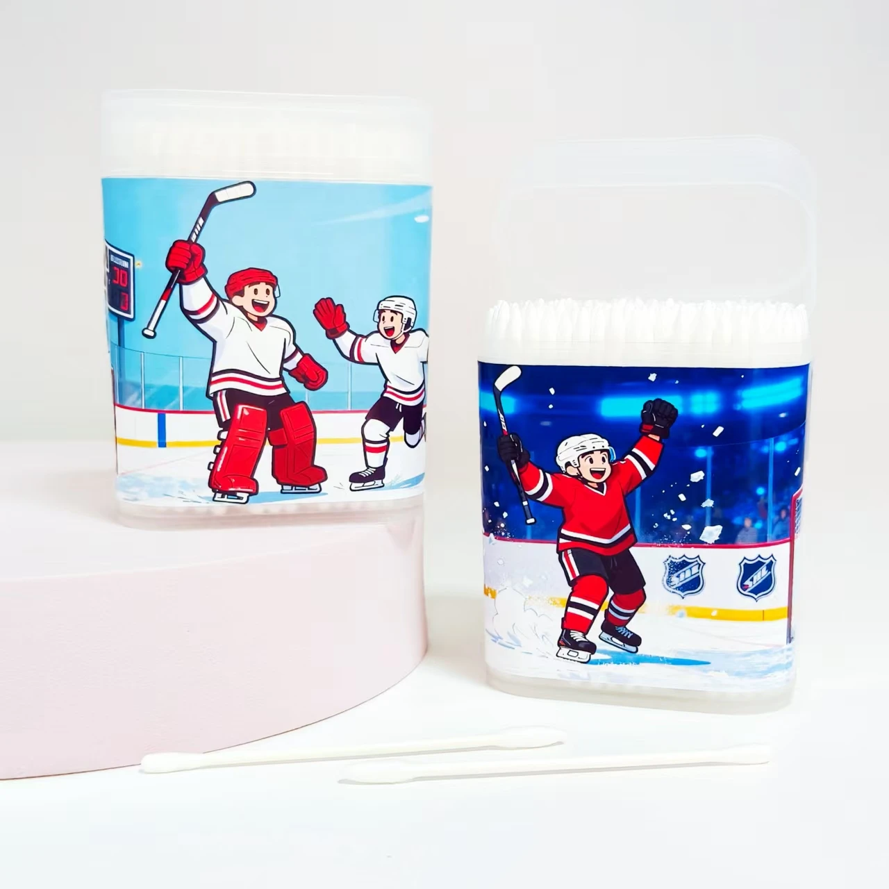 200 قطعة/600 قطعة هوكي الجليد موضوع نمط رقيقة رمح أعواد قطنية صندوق بلوري أبيض أعواد قطنية برأسين #6