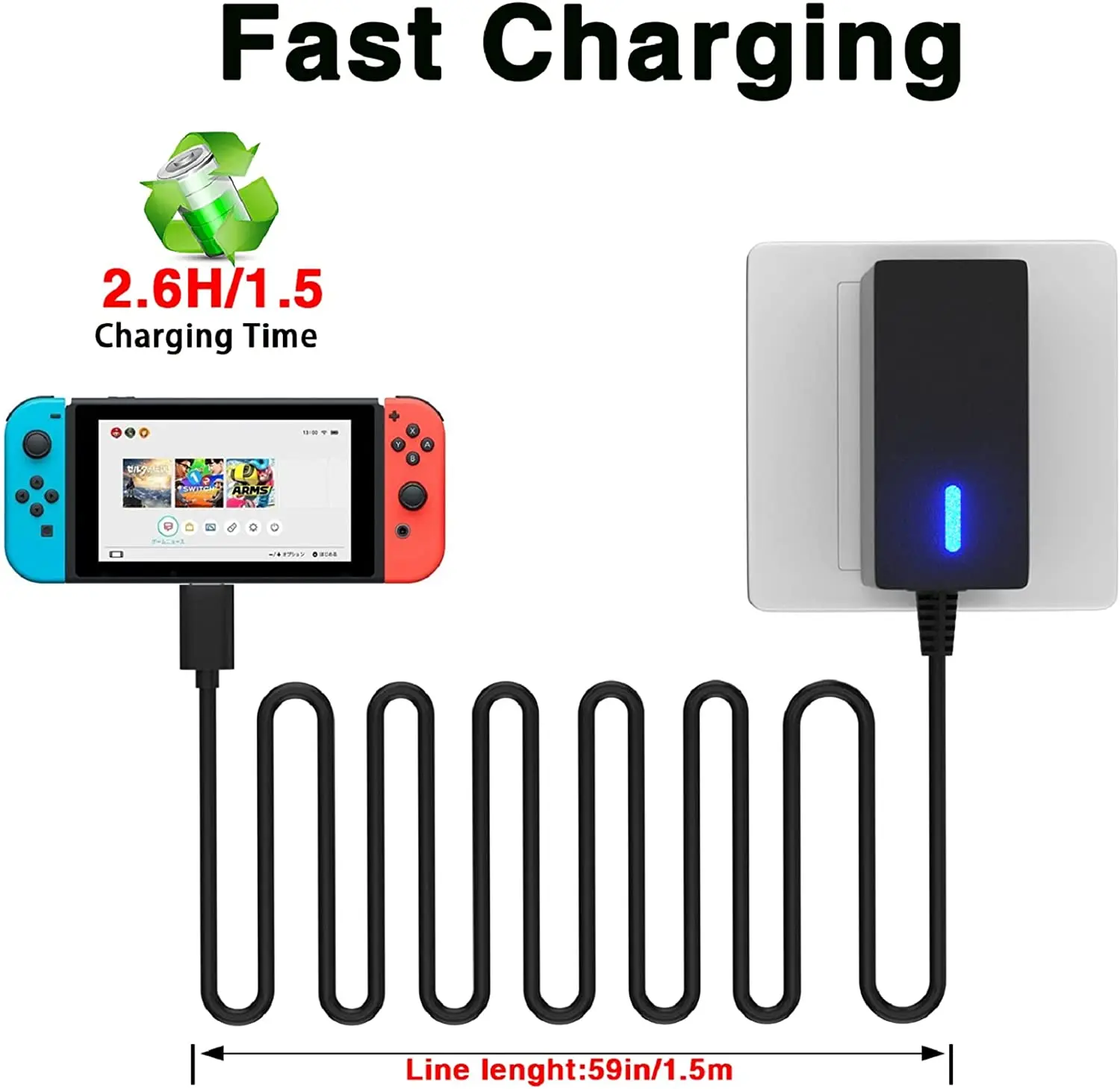 Przełącznik Szybka ładowarka Zasilacz sieciowy Ładowarka do Nintendo Switch, Switch Lite i Switch OLED, Laptop, Telefon komórkowy. Obsługuje tryb telewizyjny