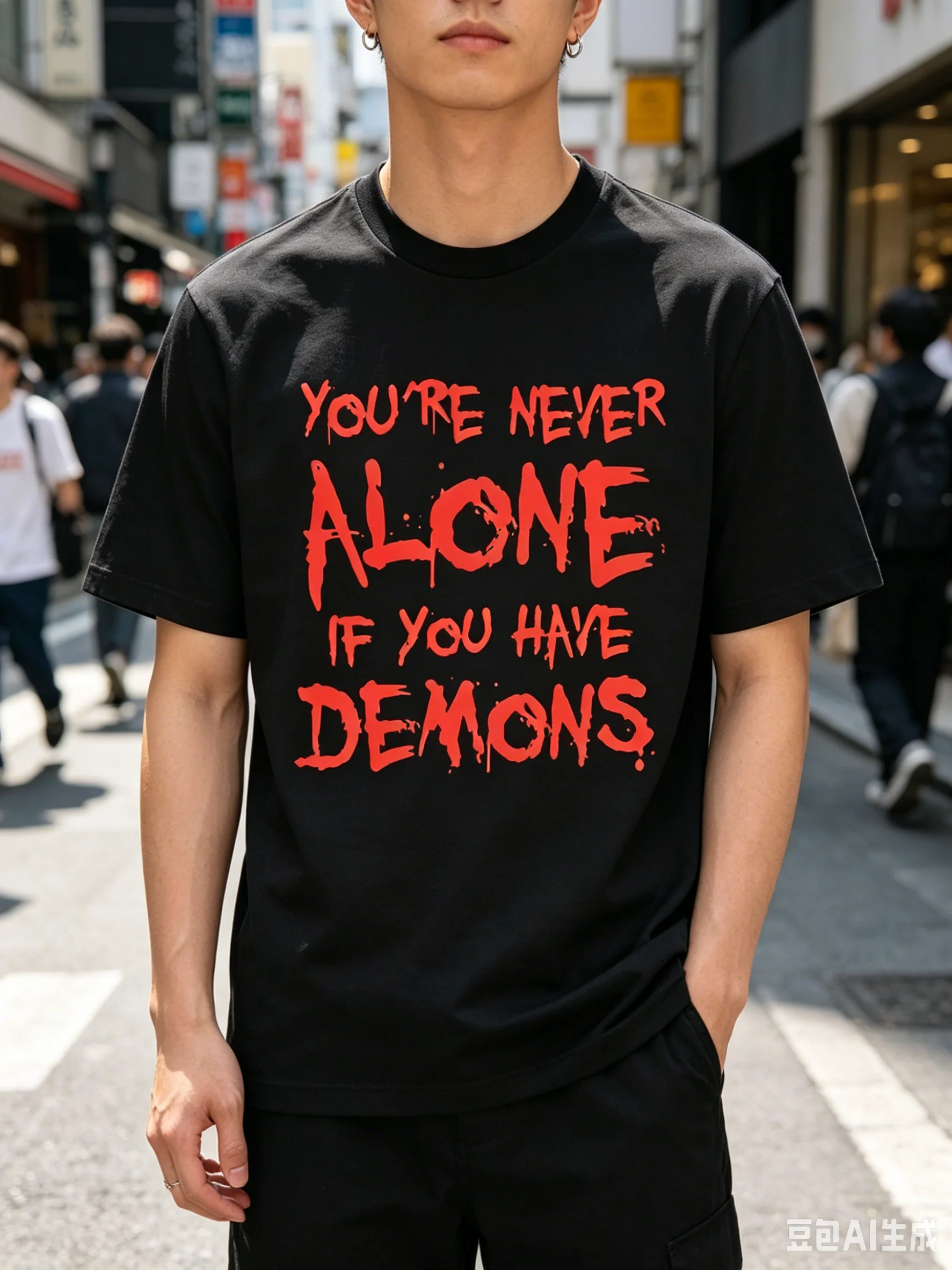 You're Never Alone If You Have Demons Black Print Back Cotton T-Shirt