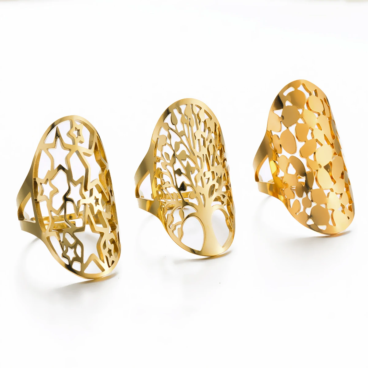 Hollow Out Tree of Life Star Finger Rings for Women Men Stainless Steel Gold Color Geometric Punk Wide Fashion Jewelry Gifts