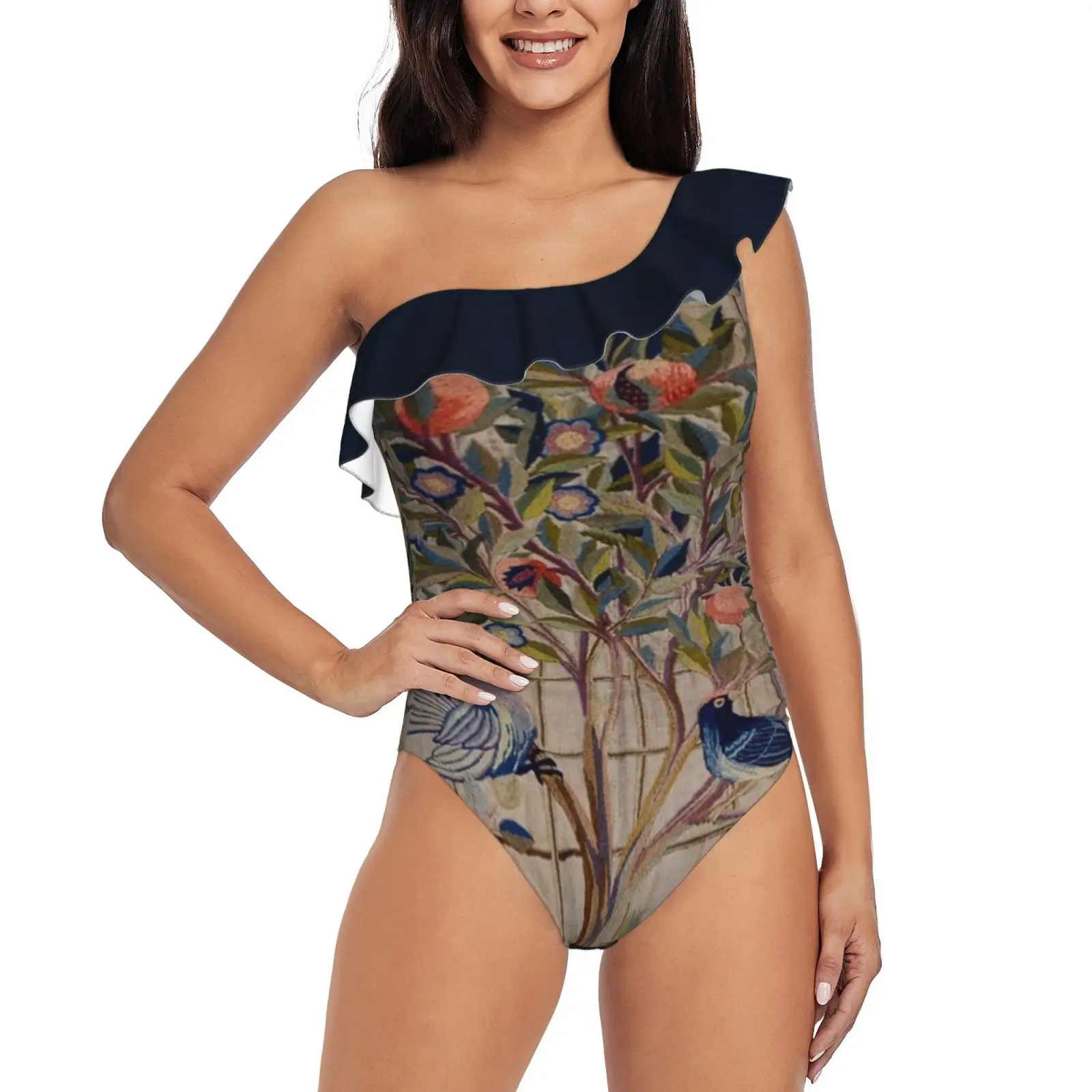 

William Morris Kelmscott Trellis Embroidery One Shoulder Ruffle Swimsuits One Piece Swimsuit Women Swimwear Beach Bathing Wear