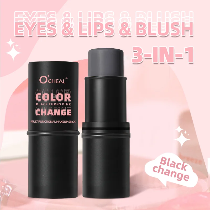 O'CHEAL Color Changing Makeup Stick 3‑In‑1 Lips Eyes Blush Black Turns Pink Multifunctional Cosmetic Stick Easy To Blend