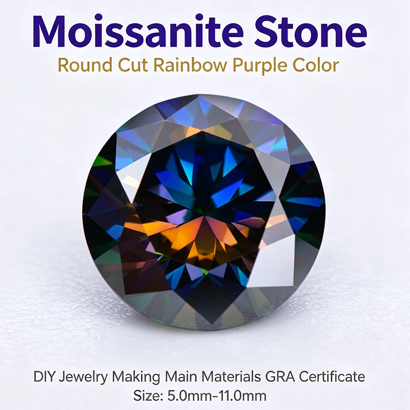Moissanit-Stein, runder Schliff, regenbogenviolette Farbe, Großhandel, DIY-Anhänger, Schmuckherstellung, Ring, Halskette, Hauptmaterialien, Zertifikat