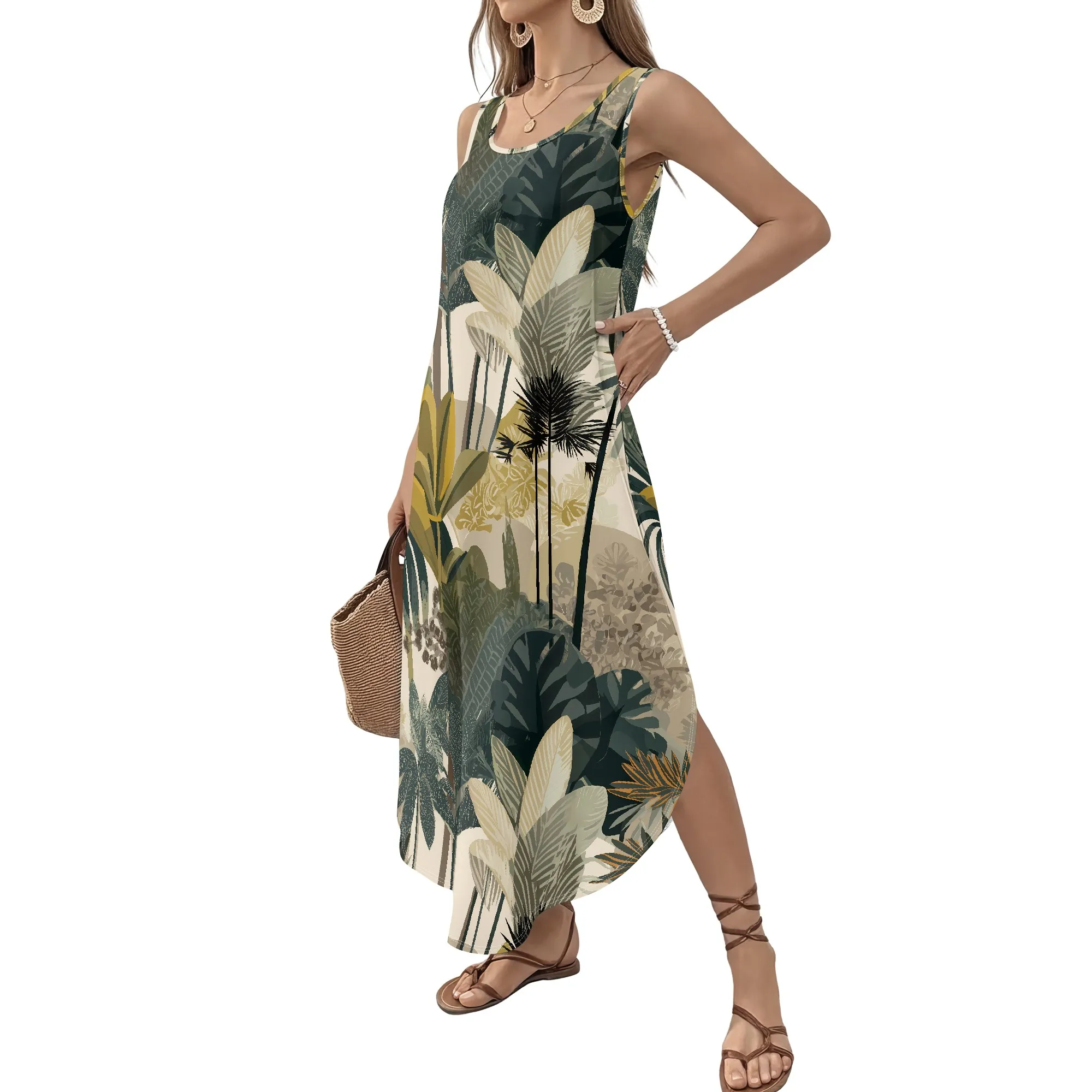 Tropical Print Sleeveless Maxi Dress, Leaf Pattern Beach Sundress, Summer Vacation Casual Wear, S-2XL