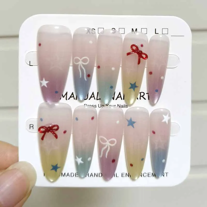 10Pcs French Style 3D Nail Art with Polka Dots Bows Cat Eyes Press on Nails Colorful Gradient High-end Fake Nails Nail Patch