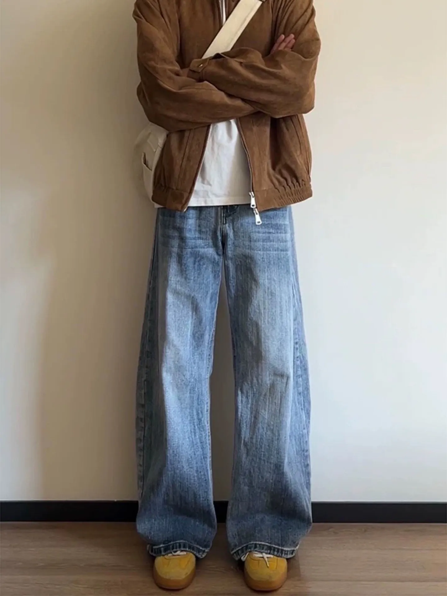 

Light Blue Washed Knife Jeans Men's Straight Leg Wide Leg Pants Spring Summer Cleanfit Drapey Loose Fit Casual Denim