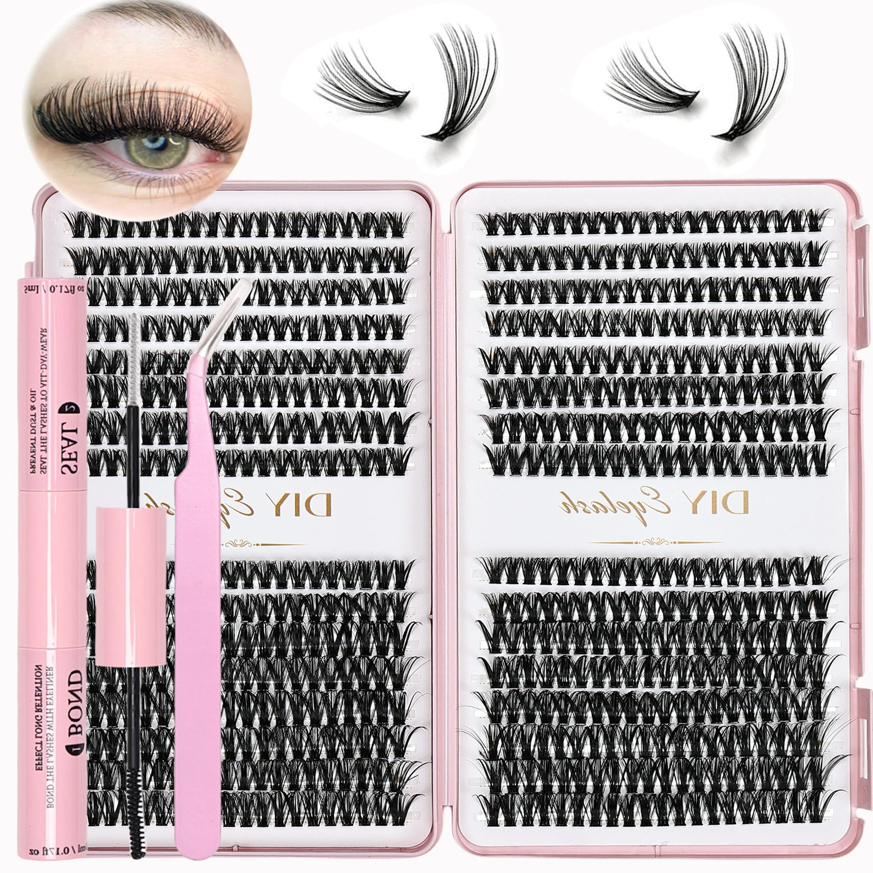 640pcs Eyelashes Extension Kit D Curl Cluster Eyelashes Extension Book with Eyelash Bond and Eyelash Applicator and Tweezers