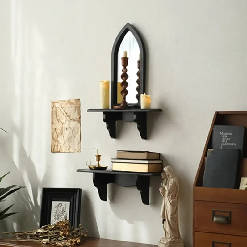 European Style Retro Storage Rack Decoration Solid Wood Black Living Room Wall Hanging Decorative Mirror French Candlestick Rack