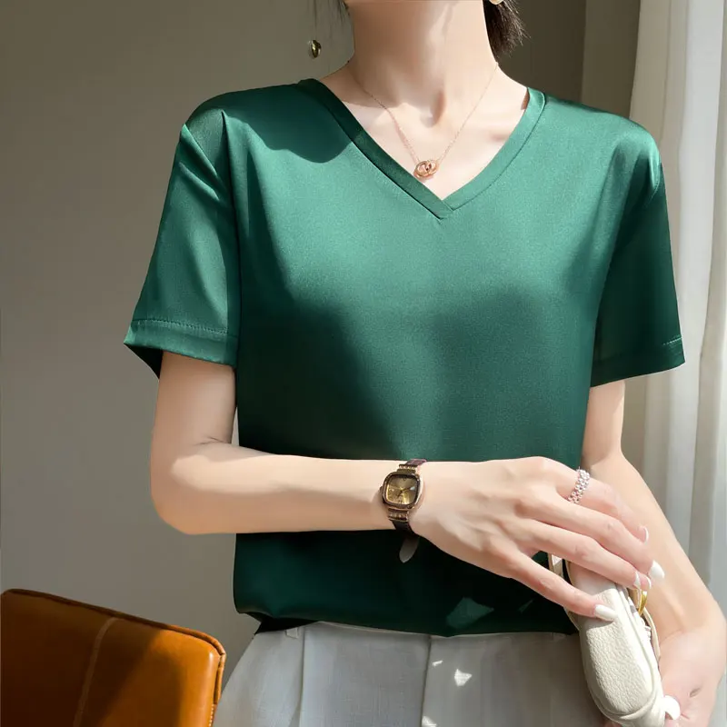 Women's Summer Simulation Silk Suspender V-neck T-shirt Loose Oversized Top Solid Color Versatile Style YTM D05