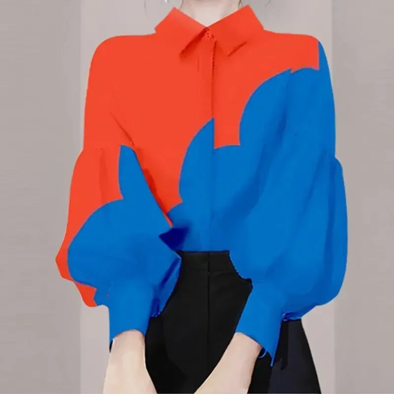 

Fashion Printed Lapel Lantern Sleeve Shirt Women's Clothing 2023 Spring Summer New Casual Shirt Loose Asymmetrical Blouse