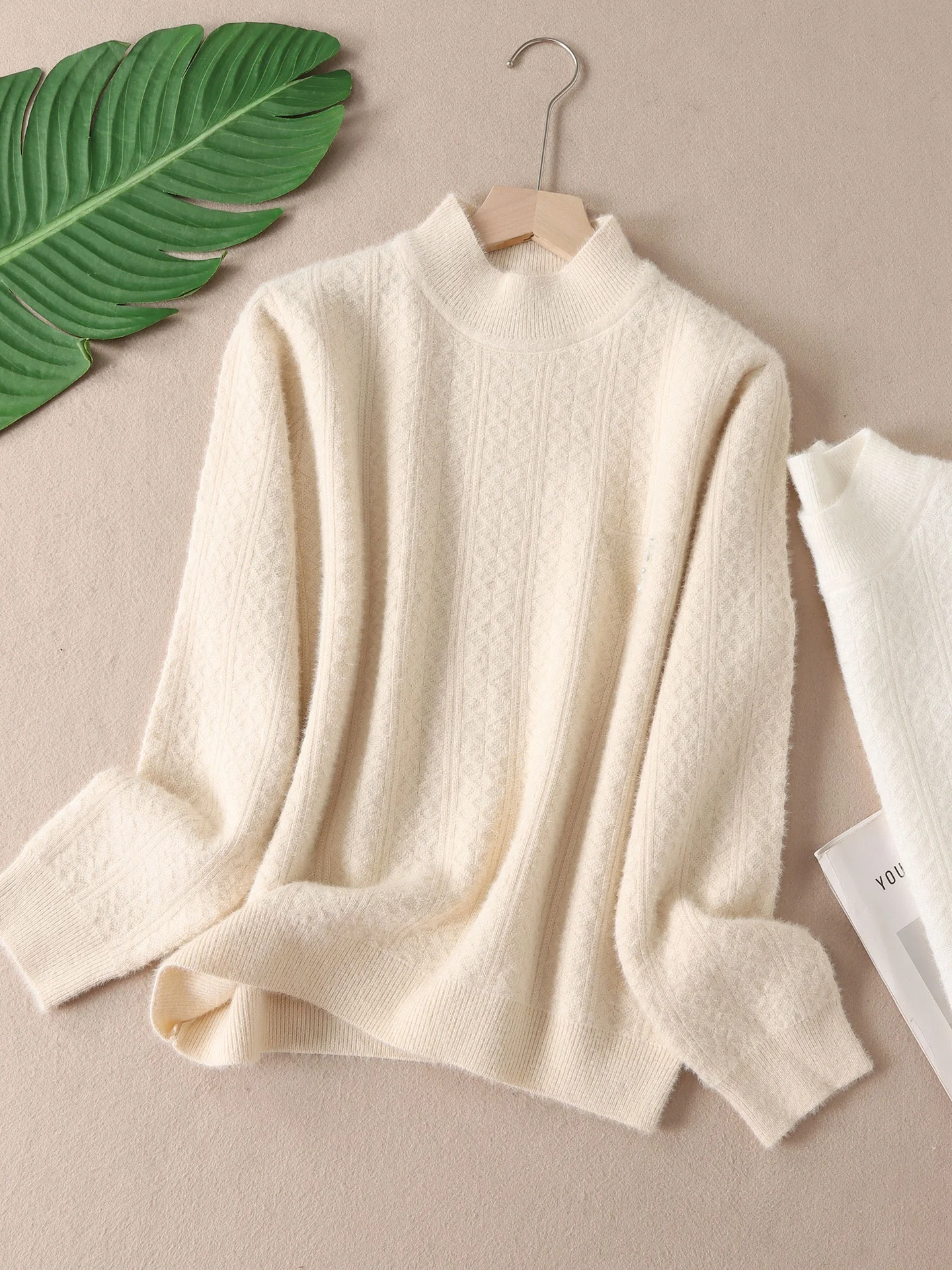 

Women's Knitted Faux Mink One-Piece Warm Sweater f High Collar Beaded Winter Top 400g Anti-Ball Bouncing Straight Tube