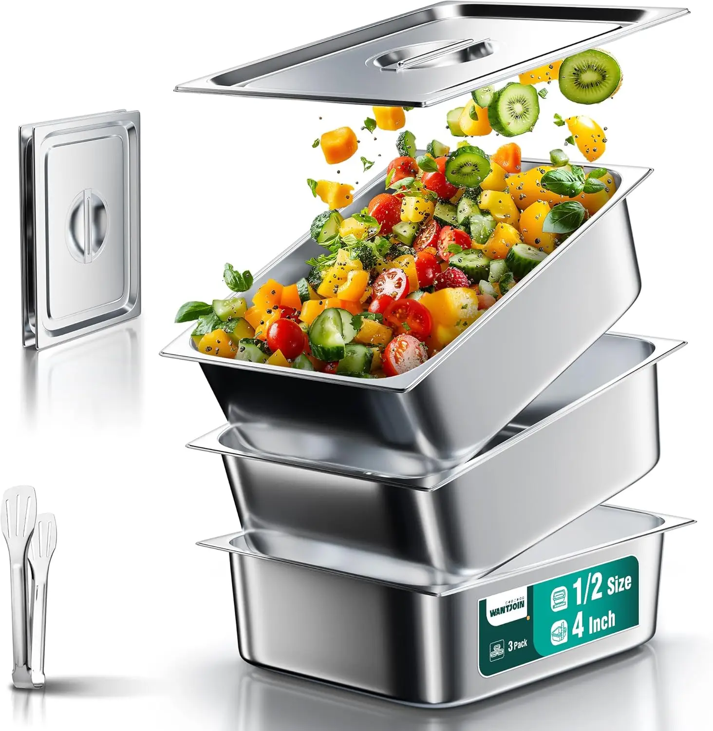 

Steam Table Hotel Pans with Lid 1 2 Half Size 4 Inch Deep 3 Pack Thickened Stainless Steel Metal Tray Sets Food Storage