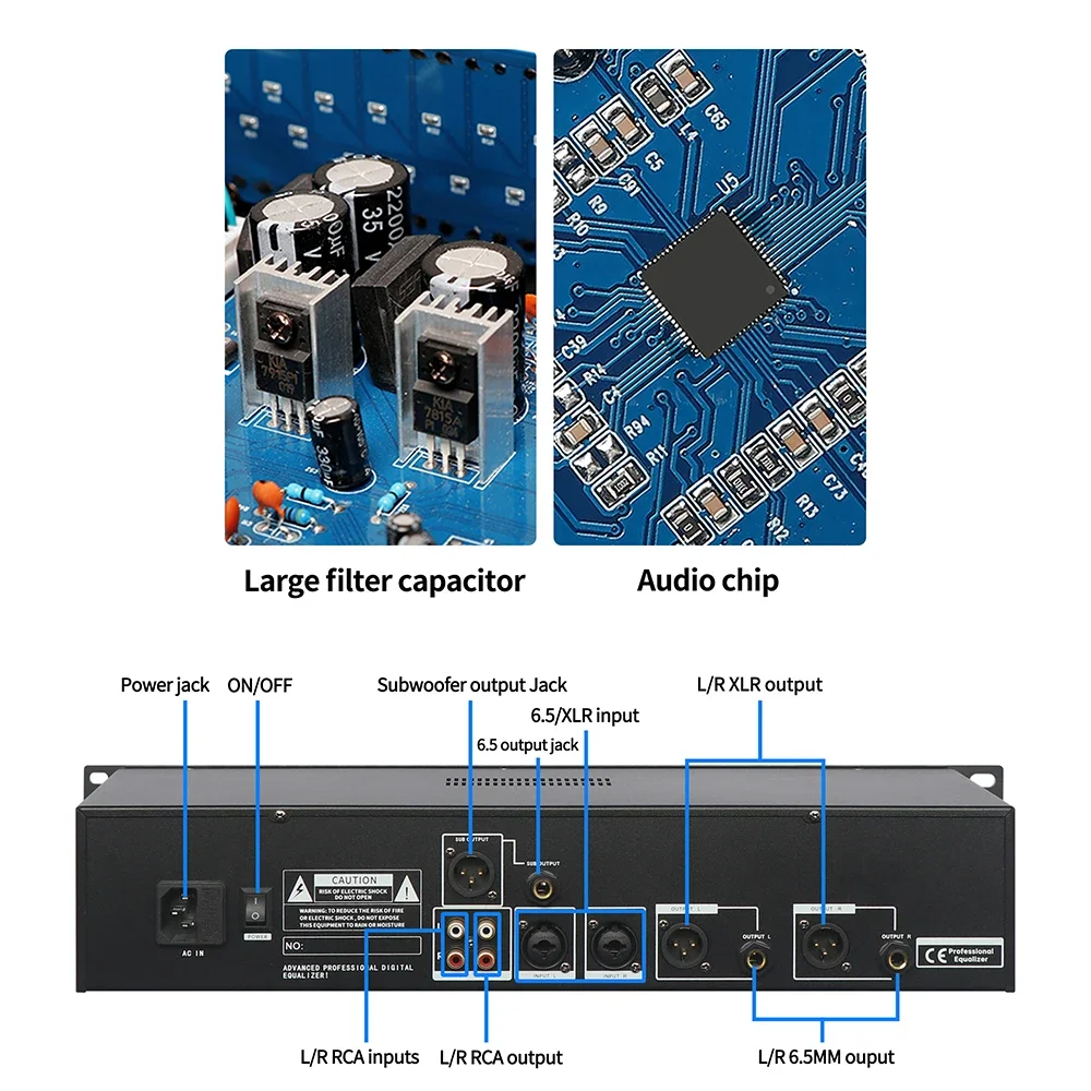 2U Dual 31 Band Graphic Audio Equalizer Digital Karaoke Professional Sound System 3 Channels with Subwoofer Output for Studio DJ