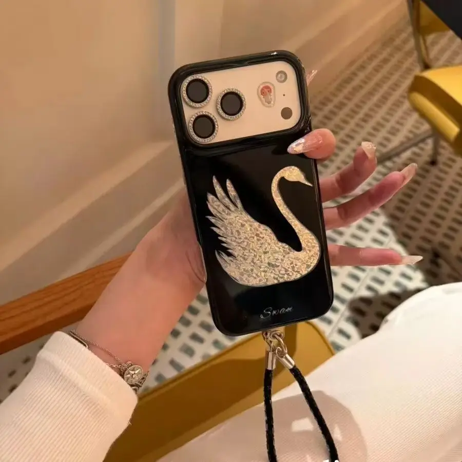 Korean Ins Glitter Diamond Black White Swan Phone Case For iPhone Ultra 18 17 Air 16 15 14 13 12 11 Pro 16 Plus Mini Y2K Cover