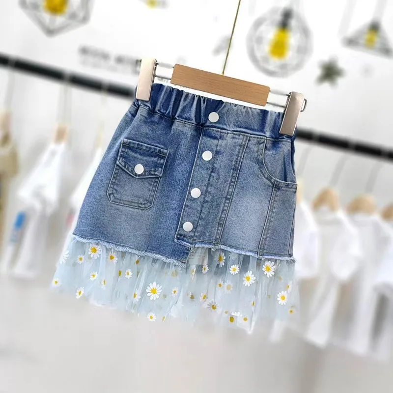 

Girls Denim Skirts 1-12Y Teens Baby Children's Clothes 2025 New Kids Daisy Mesh Skirt for Princess Fashion Clothing